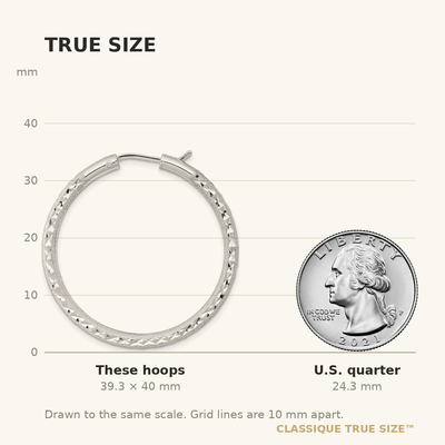 Sterling Silver Laser and Diamond-cut 40x3.25mm Hidden Catch Round Hoop Earrings