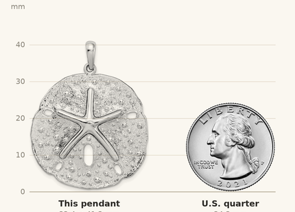 Classique True Size: De-Ani Sterling Silver Rhodium-Plated Polished and Textured Large Sand Dollar Pendant shown next to a US quarter (24.3 mm)