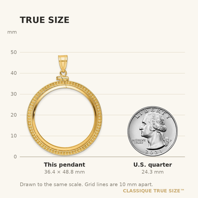 Wideband Distinguished Coin Jewelry 14K Polished and Beaded x Screw Top Coin Bezel Pendant, 48.75 x 37.7mm