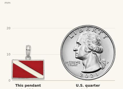Classique True Size: De-Ani Sterling Silver Rhodium-Plated Polished Enameled Dive Flag Pendant shown next to a US quarter (24.3 mm)