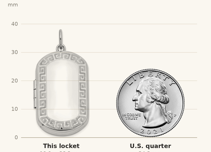 Classique True Size: Sterling Silver Rhodium-plated Greek Key Border Rectangular Locket shown next to a US quarter (24.3 mm)