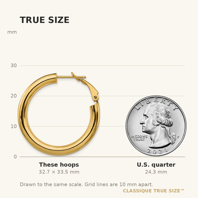 14K Polished Round Omega Back Hoop Earrings, 33.5 x 4mm