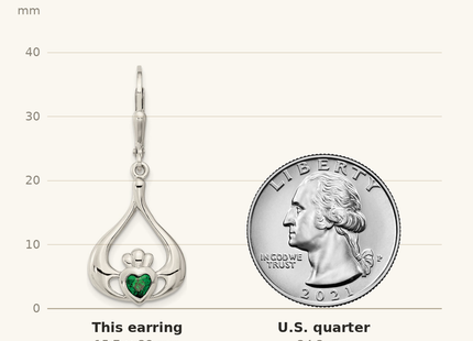 Classique True Size: Sterling Silver Rhod-pltd Grn CZ Heart Leverback Claddagh Dangle Earrings shown next to a US quarter (24.3 mm)