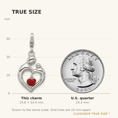 Amore La Vita Sterling Silver Rhodium-plated Mother and Baby Making Heart Shape Holding a Red Enameled Dangle Heart Charm with Fancy Lobster Clasp