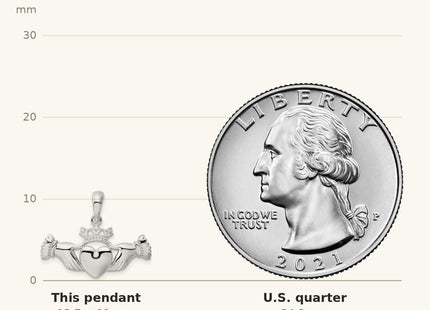 True size: De-Ani Sterling Silver Rhodium-Plated Polished Claddagh Pendant shown next to a US quarter (24.3 mm)