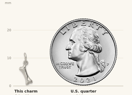 Classique True Size: Sterling Silver Polished Bone Charm shown next to a US quarter (24.3 mm)