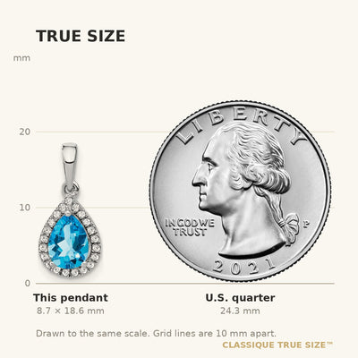 14K White Gold Pear Blue Topaz and Diamond Halo Pendant