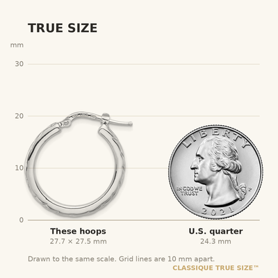 Sterling Silver Rhodium-plated Polished and Textured Hoop Earrings, 27.5 x 24mm