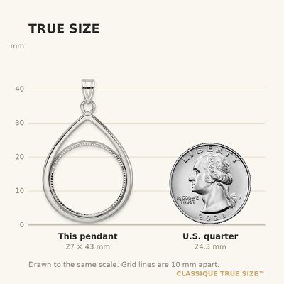 Wideband Distinguished Coin Jewelry 14K White Gold Polished and Diamond-cut Teardrop Prong Coin Bezel Pendant, 43 x 27.15mm