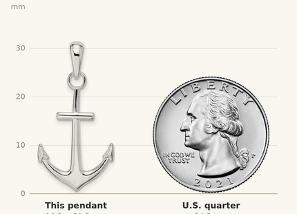 Classique True Size: De-Ani Sterling Silver Rhodium-Plated Polished Anchor Pendant shown next to a US quarter (24.3 mm)