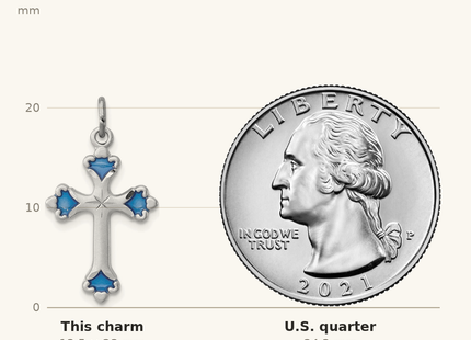 Classique True Size: Sterling Silver Platinum-plated Blue Enameled Budded Cross Charm shown next to a US quarter (24.3 mm)