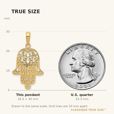 14K Filigree Chamseh Pendant, 30 x 17mm