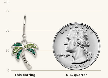 Classique True Size: Sterling Silver Rhodium-plated Polished Green Crystal Palm Tree Earrings shown next to a US quarter (24.3 mm)