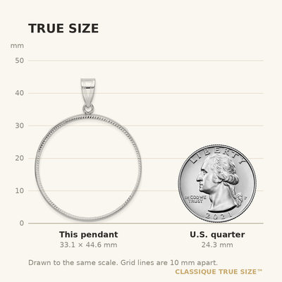 Wideband Distinguished Coin Jewelry 14K White Gold Polished and Diamond-cut Prong Coin Bezel Pendant, 44.6 x 33.75mm