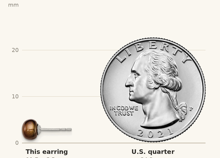 Classique True Size: Sterling Silver Rhodium-plated 5- Brown Button Freshwater Cultured Pearl Post Earring shown next to a US quarter (24.3 mm)