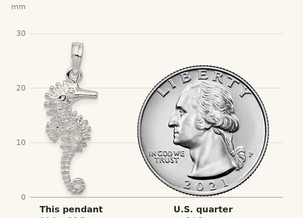 Classique True Size: De-Ani Sterling Silver Rhodium-Plated Polished and Textured 3D Seahorse Pendant shown next to a US quarter (24.3 mm)