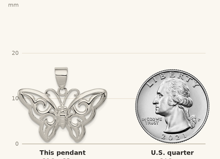 Classique True Size: Sterling Silver Butterfly Pendant shown next to a US quarter (24.3 mm)