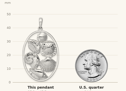 Classique True Size: De-Ani Sterling Silver Rhodium-plated Polished Shells Oval Pendant shown next to a US quarter (24.3 mm)