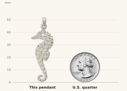 Classique True Size: Sterling Silver Hammered Polished Seahorse Pendant shown next to a US quarter (24.3 mm)