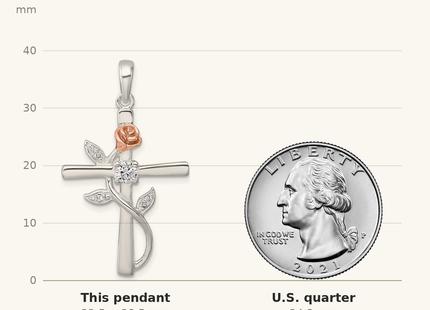 Classique True Size: Sterling Silver E-Coat Polished Cross with CZ and Rose-tone Rose Pendant shown next to a US quarter (24.3 mm)