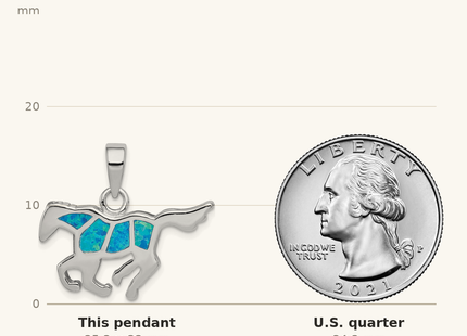 Classique True Size: Sterling Silver Rhod-plated Created Blue Opal Inlay Horse Pendant shown next to a US quarter (24.3 mm)