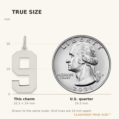Sterling Silver/Rhodium-plated Polished Number 9 Charm, 24 x 10mm