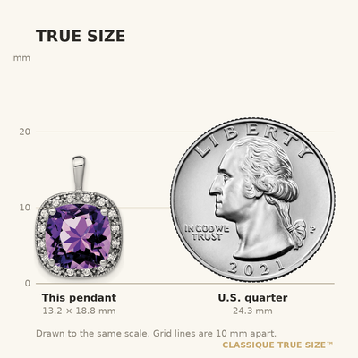 14K White Gold Cushion Amethyst and Diamond Pendant, 18.75 x 13.3mm