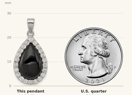 Classique True Size: Sterling Silver Rhodium-plated CZ and Onyx Tear drop Pendant shown next to a US quarter (24.3 mm)