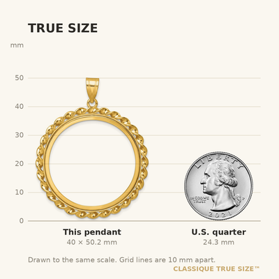 Wideband Distinguished Coin Jewelry 14K Polished Wide Twisted Wire Prong Coin Bezel Pendant, 50.2 x 40mm