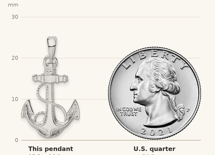 Classique True Size: De-Ani Sterling Silver Rhodium-Plated Polished and Textured Anchor with Rope Pendant shown next to a US quarter (24.3 mm)