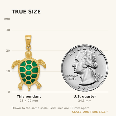 14K Green Enameled Sea Turtle Pendant, 29 x 18mm