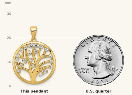 Classique True Size: Sterling Silver Gold-tone Created White Sapphire Tree of Life Pendant shown next to a US quarter (24.3 mm)