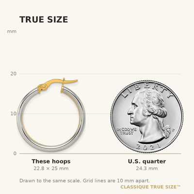 14K with White Rhodium Polished x Round Hoop Earrings, 25 x 4mm