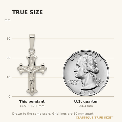 Sterling Silver Polished Textured Crucifix Pendant, 32.5 x 16mm