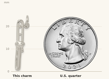 Classique True Size: Sterling Silver Trombone Charm shown next to a US quarter (24.3 mm)