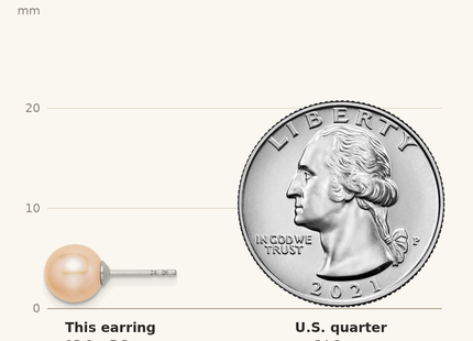 Classique True Size: Sterling Silver Rhodium-plated 7- Pink Round Freshwater Cultured Pearl Post Earrings shown next to a US quarter (24.3 mm)