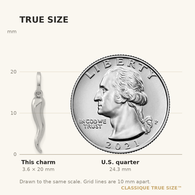 14K White Gold 3D Italian Horn Charm, 20 x 3mm
