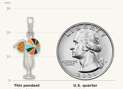 Classique True Size: De-Ani Sterling Silver Rhodium-Plated Polished Enameled Tropical Drink Pendant shown next to a US quarter (24.3 mm)