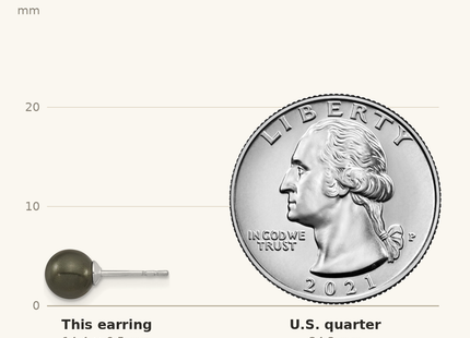 Classique True Size: Majestic Sterling Silver Rhodium-plated 6- Black Imitation Shell Pearl Stud Earrings shown next to a US quarter (24.3 mm)