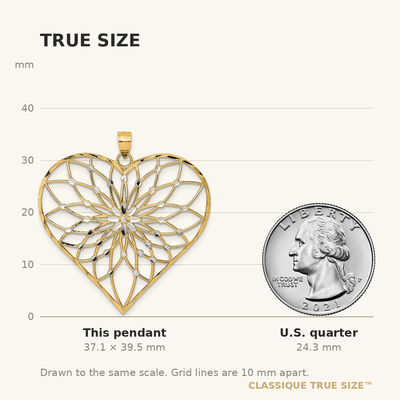 14K with White Rhodium Diamond-cut Large Filigree Heart Pendant