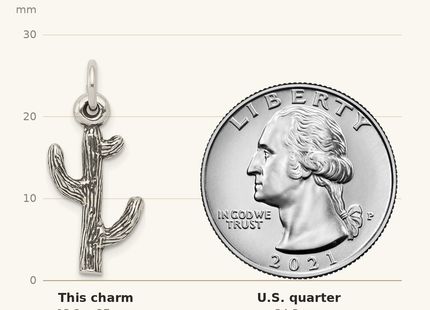 Classique True Size: Sterling Silver Antiqued Cactus Charm shown next to a US quarter (24.3 mm)