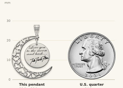 True size: 10k White Gold LOVE YOU TO THE MOON Signature Pendant shown next to a US quarter (24.3 mm)