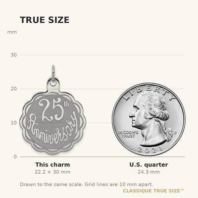 Sterling Silver Rhodium-plated 25th Anniversary Disc Charm, 30 x 23mm