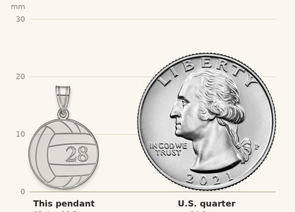True size: 10k White Gold Personalized Volleyball Pendant shown next to a US quarter (24.3 mm)