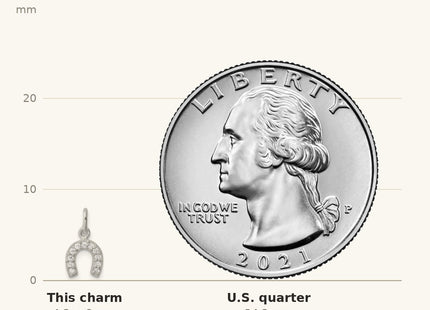 True size: Sterling Silver Polished Horseshoe CZ Charm shown next to a US quarter (24.3 mm)