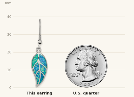 Classique True Size: Sterling Silver Rhodium-plated Created Blue Opal Leaf Dangle Earrings shown next to a US quarter (24.3 mm)