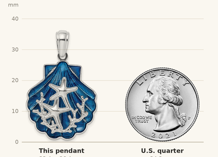 Classique True Size: De-Ani Sterling Silver Rhodium-Plated Enameled Blue Shell with Starfish Pendant shown next to a US quarter (24.3 mm)