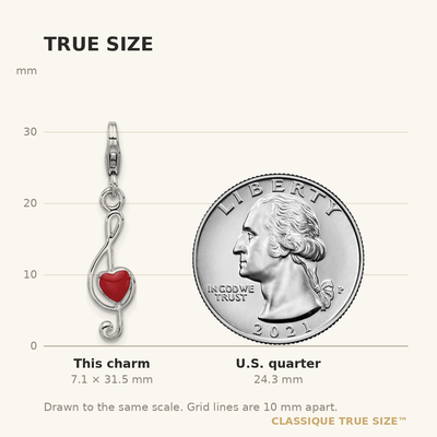 Amore La Vita Sterling Silver Rhodium-plated Treble Clef with Red Enameled Heart Inside Charm with Fancy Lobster Clasp