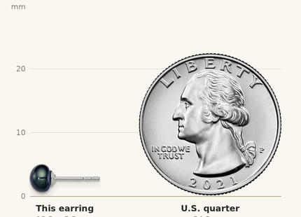 Classique True Size: Sterling Silver Rhodium-plated 5- Black Button Freshwater Cultured Pearl Post Earrings shown next to a US quarter (24.3 mm)
