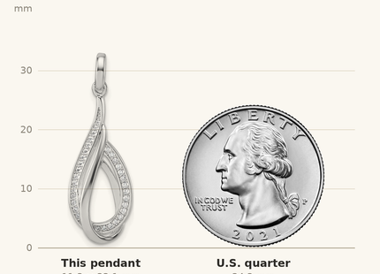 Classique True Size: Sterling Silver Rhodium-plated CZ Polished Tear Drop Swirl Pendant shown next to a US quarter (24.3 mm)